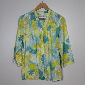 Alfred Dunner Women Floral Button Down Blouse 10 Yellow Blue 3/4 Sleeve Cotton